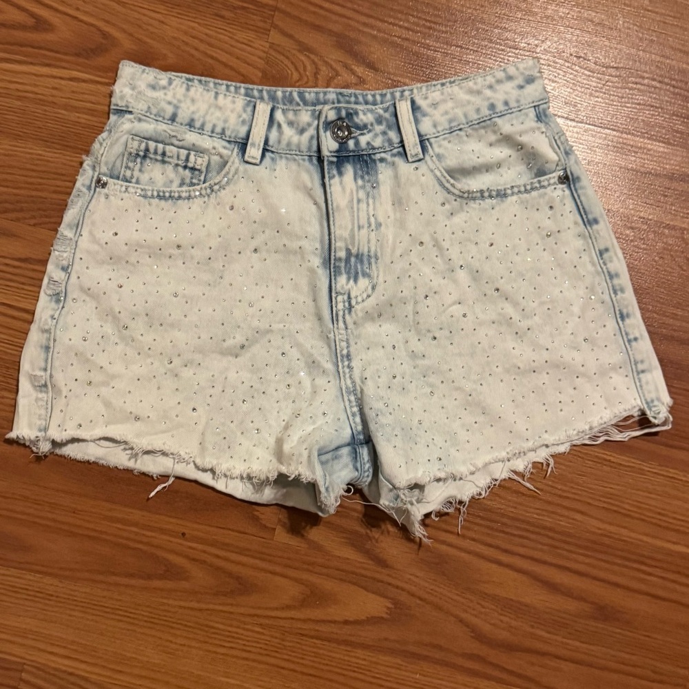 Ela Light Wash Blue Denim Rhinestone Bling‎ Women's Shorts Size M Y2k Festival